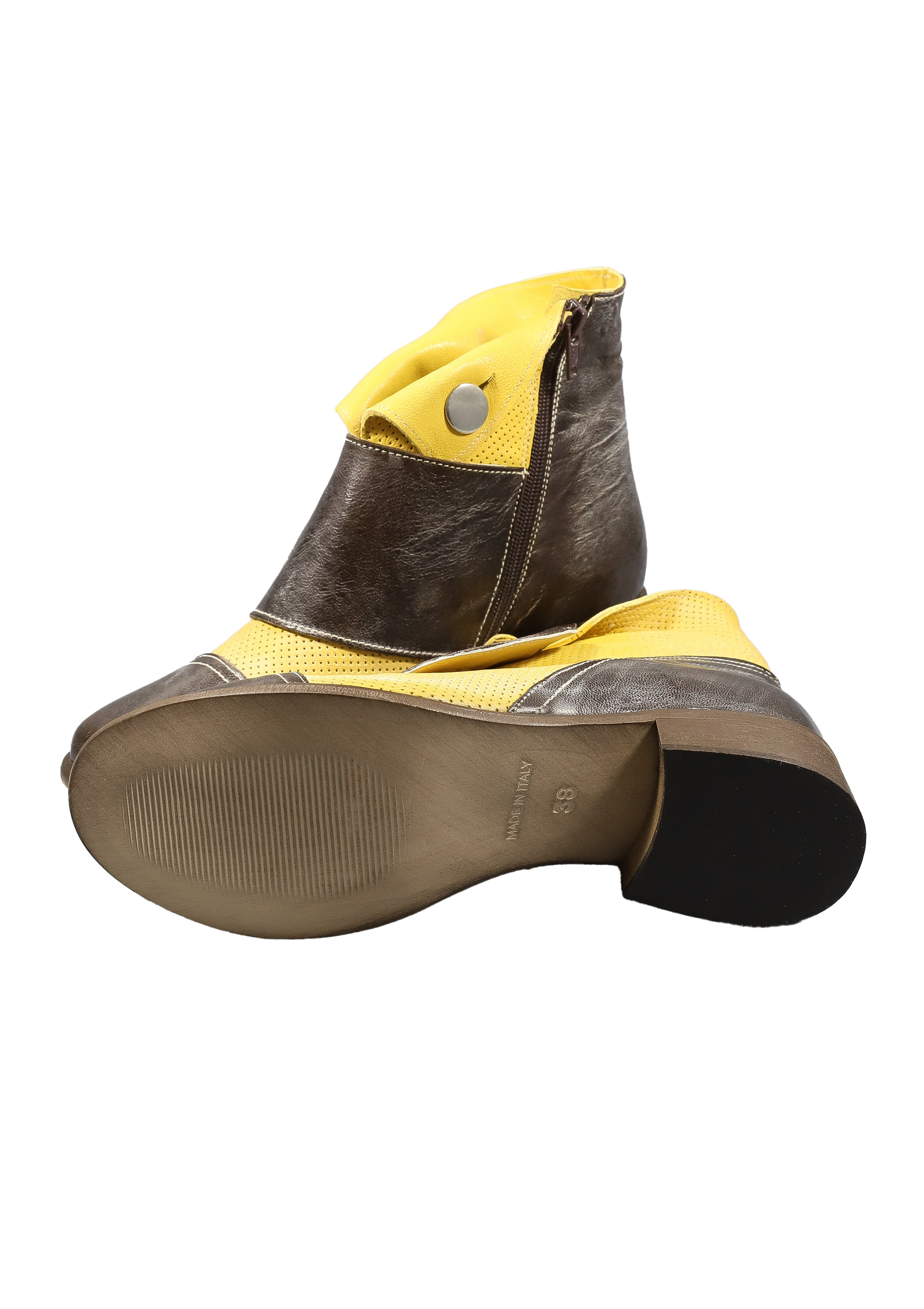 Original Italienische Stiefeletten Braun/Gelb Leder Damen B608 – Bild 3